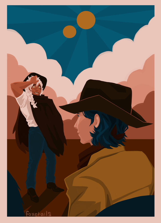 A stylized portrait of two characters from Trigun Maximum in a graphic style.