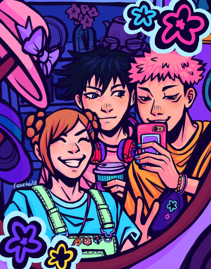 A colorful Jujutsu Kaisen piece featuring the characters Yuji, Megumi and Nobara.