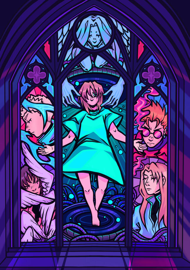 My piece for the Desert Roses Zine, featuring several characters from Trigun Maximum.
