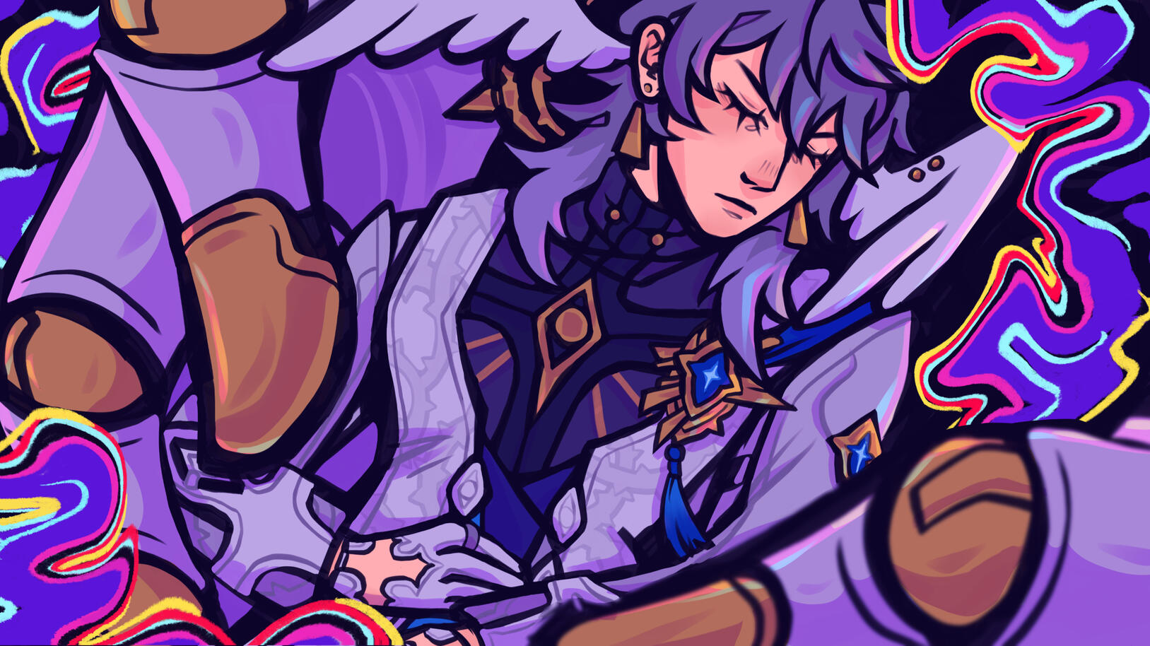 A Honkai: Star Rail piece featuring the character Sunday cradled within an Aeon's hands.