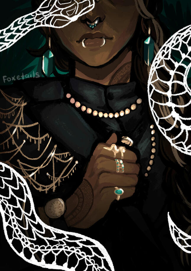 A painterly portrait featuring an original character framed by snakes.